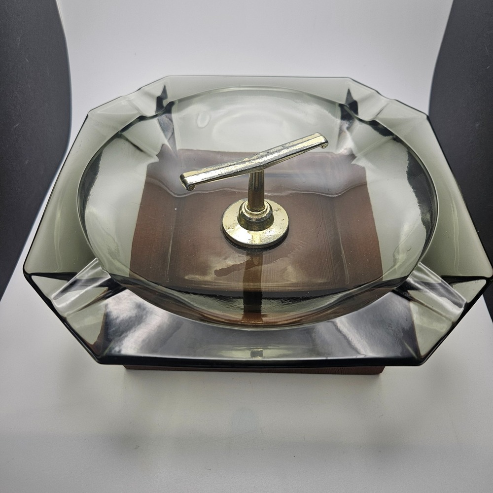 Vintage Mid-Century Modern Glass Ashtray on Wood Base – Heavy‎ Smoked Glass